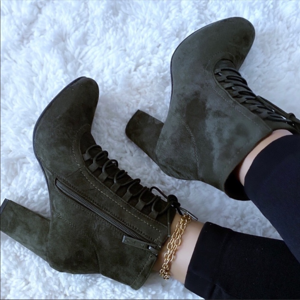 New Olive Vegan Suede Ankle Boots - Picture 3 of 3